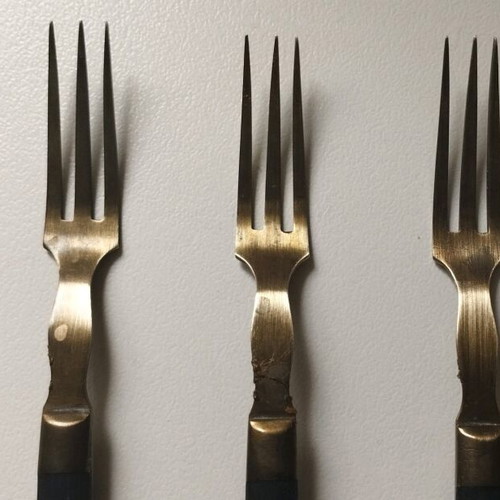 Forks used, set of 5, brass and black wood
