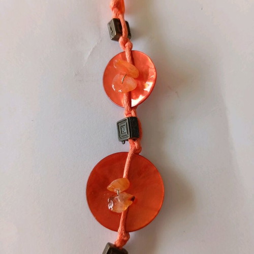 Handmade necklace new, orange with buttons and silver details