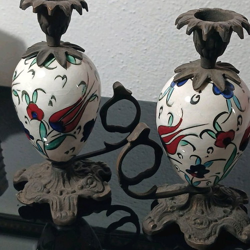 Vintage candle holders used, porcelain and brass, handmade