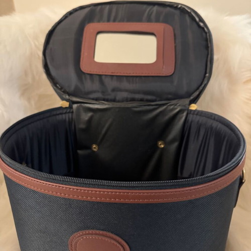 Toiletry bag cosmetic case new, blue fabric and brown leatherette