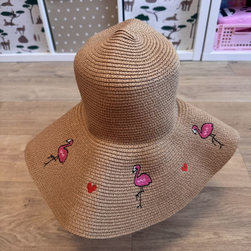 Flamingo Hearts Wide Brim Straw Sun Hat like new, beige