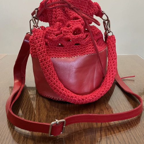 Handmade red leather and knitted pouch shoulder bag
