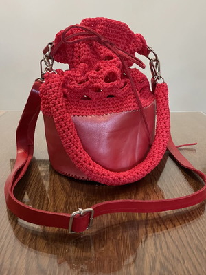 Handmade red leather and knitted pouch shoulder bag