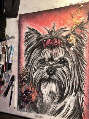 Handmade dog portrait mixed media art 25x35 cm