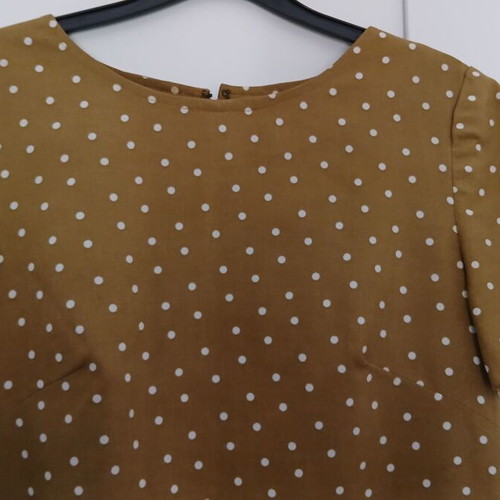 Handmade dress brown-mustard polka dot linen short sleeve size M like new