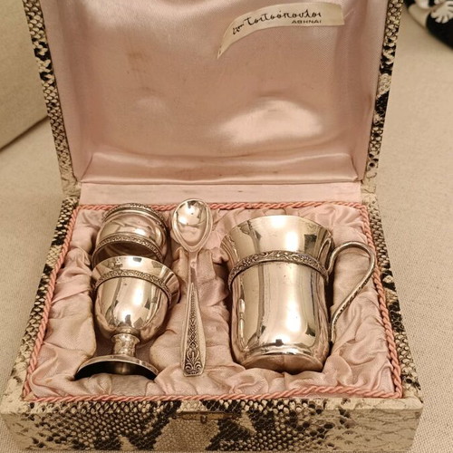 Vintage silver-plated egg set with snake leather imitation case like new
