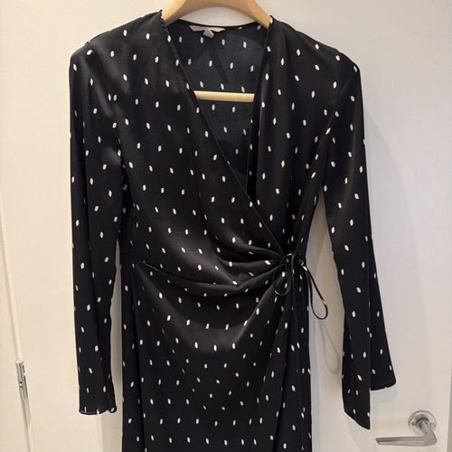 H&M wrap satin dress dark navy polkadot like new, sizes S and M