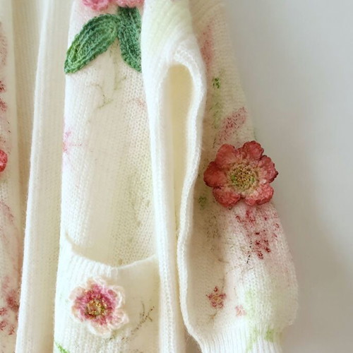 Cardigan long knit with handmade crochet flowers, new, alpaca wool