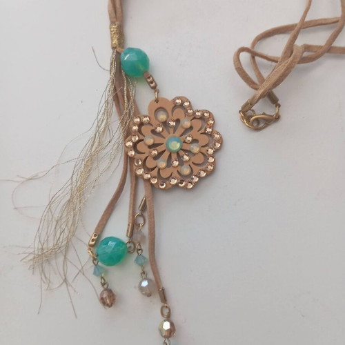 Boho handmade long necklace like new with beige and turquoise beads