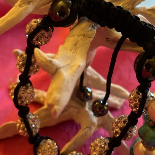 Black bracelet with shiny stones and turquoise pearl bracelet, set of 2