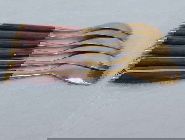 Vintage Brass Teak Coffee DEMITASSE Spoons set of 6