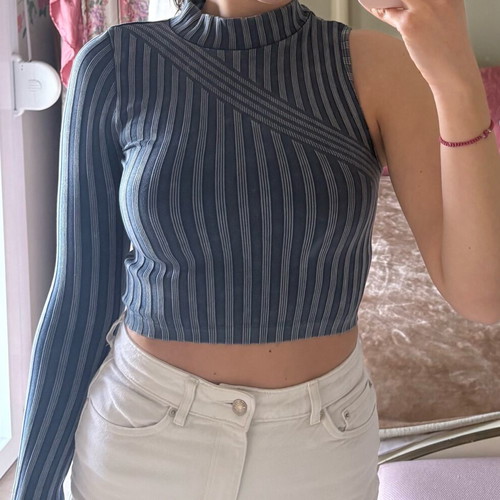 Zara top with one shoulder exposed like new, gray and blue