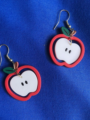 Apple-shaped earrings, plastic with metal hooks, 3cm diameter