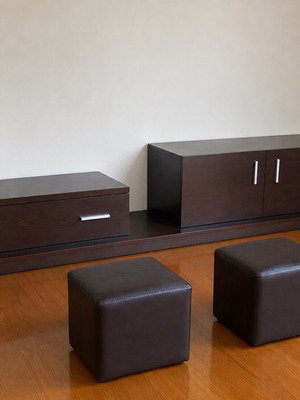 Modern living room furniture set with table, stools and side tables