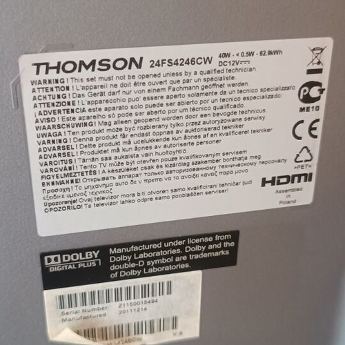 Thomson LED TV 24" white used, for repair or spare parts, USB HDMI