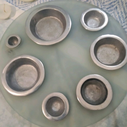 Large table candlestick like new, blown glass and solid aluminum