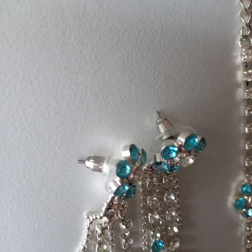 Faux Bijou necklace flower bracelet earrings set new silver turquoise