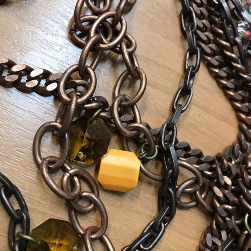 Handmade chain belt with crystals, diameter 1m, used, beige and brown