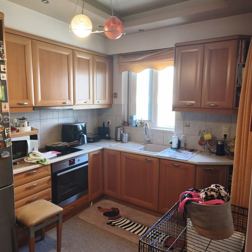 Solid oak kitchen cabinets with glass, used, including appliances