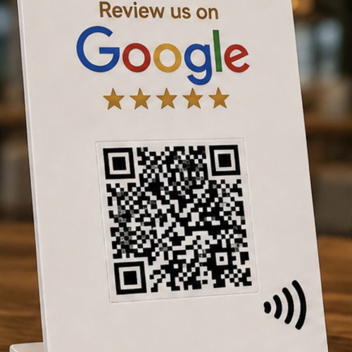Review stand with QR code for Google reviews