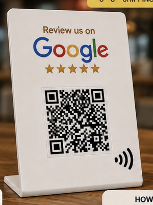 Review stand with QR code for Google reviews