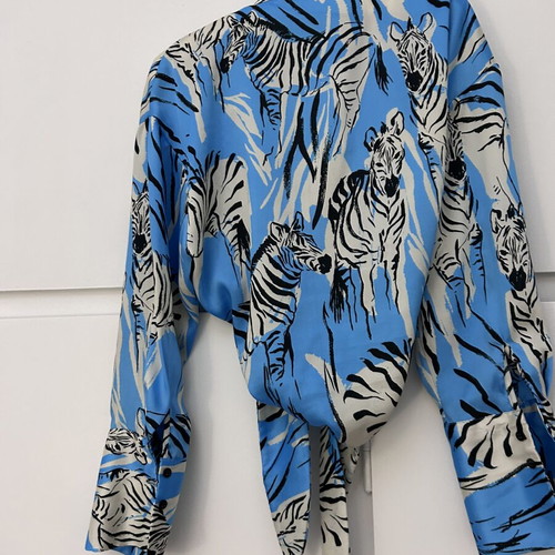 Zara blouse with front tie, blue multicolor, size M