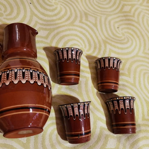 Authentic Bulgarian clay serving set used, jug and 4 cups