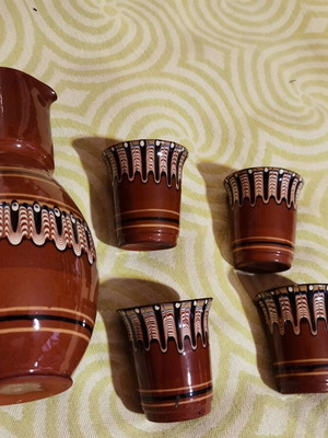 Authentic Bulgarian clay serving set used, jug and 4 cups