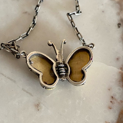 Silver butterfly necklace used vintage