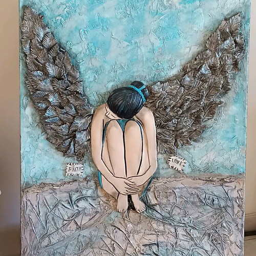 Canvas painting with handmade clay wings, new, 0.80×0.60 m
