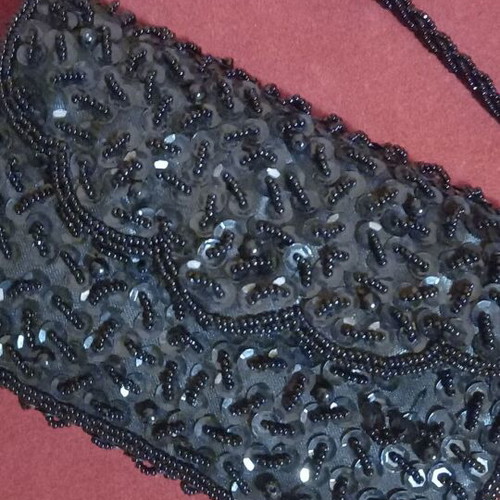 Beaded bag used, black, with long handle