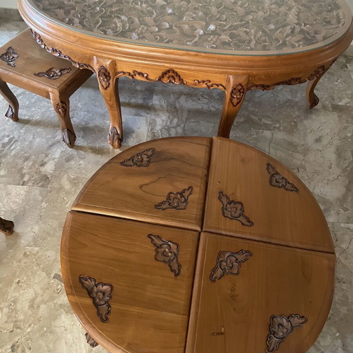 Handcrafted carved garden coffee table, solid wood