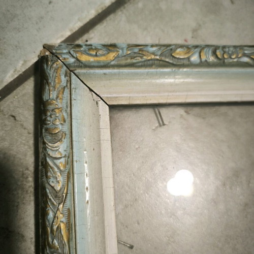 Vintage picture frame with glass used, gold and blue with embossed designs