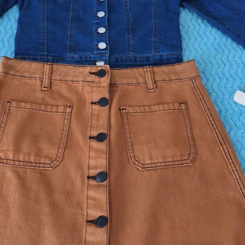 Mini denim skirt brown brick and denim top like new
