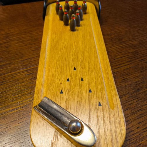 Vintage wooden bowling tabletop game used, 1980s era