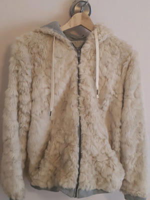 Πανωφόρι γουνακι μεταχειρισμένο, μπεζ με γκρι φόδρα και κουκούλα