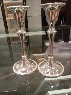 Candlesticks classic silver plated set used with embossed bead design