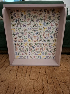 Handmade wall hanging shelf like new, light lilac with butterflies