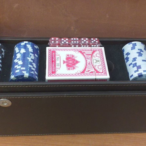 Leather bottle holder new with playing cards, dice and chips