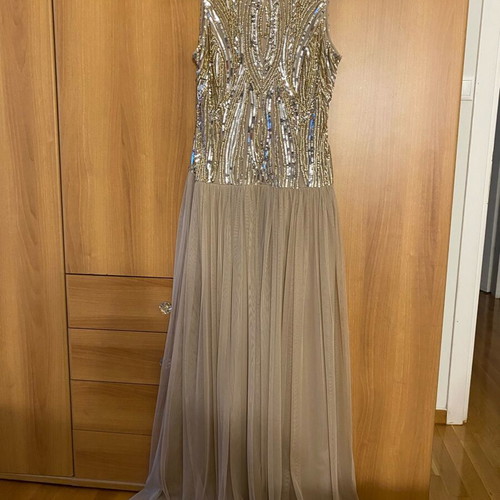Official long dress new, beige with gold and silver sequins