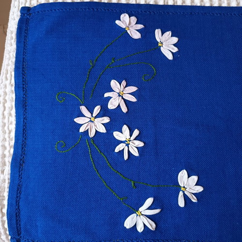 Handmade table runner blue with ribbon embroidery and lace 85x37