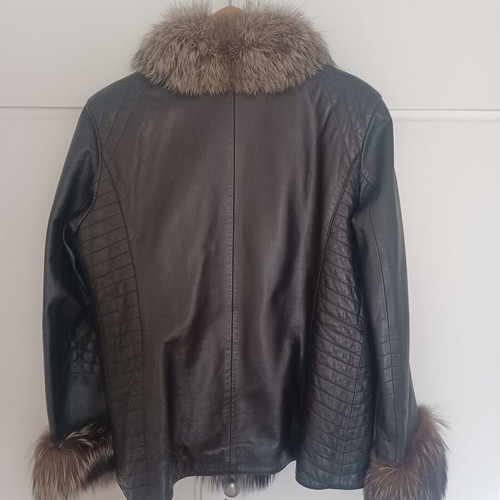 Leather jacket with natural fur new, black and brown, size L