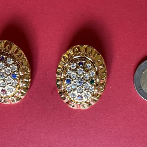 Vintage statement clip-on earrings set of 4, gold tone and crystals