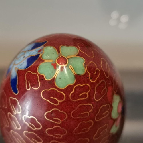 Cloisonne egg set used with enamel, burgundy and blue colors