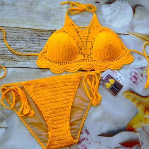 Handmade knitted swimsuit new, size M/L, yellow