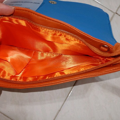 Leather London clutch bag new, handheld, blue and orange
