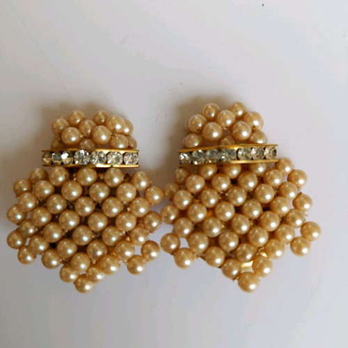 Vintage earrings with pearls used, gold color, 4 cm