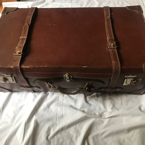 Antique leather suitcase used, handmade, early 20th century