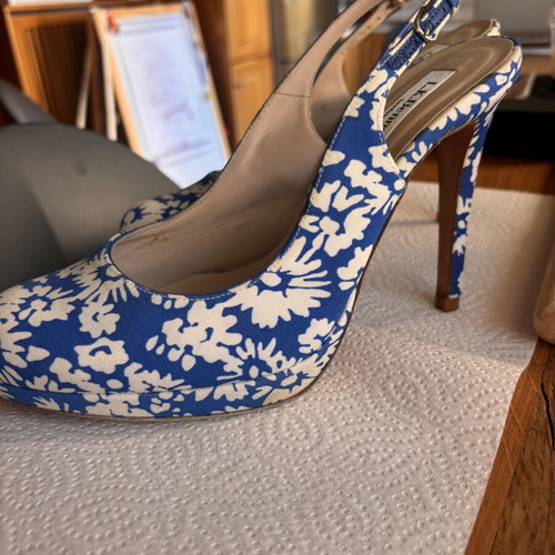 LK Bennett Blue and White Floral Slingback Heels Good Used Condition