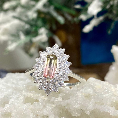 Handmade silver ring with natural watermelon tourmaline and moissanite